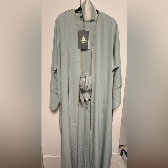 Alsheika Abaya Dresses & Skirts - 3 Piece set with shawl Light Sage Long Sleeve Maxi Dress with Waist Tie
